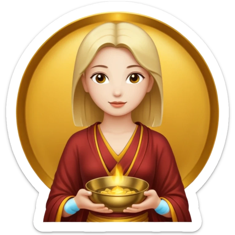 A woman holds a Buddhist bowl in her hands. There is a glow around the girl. sticker