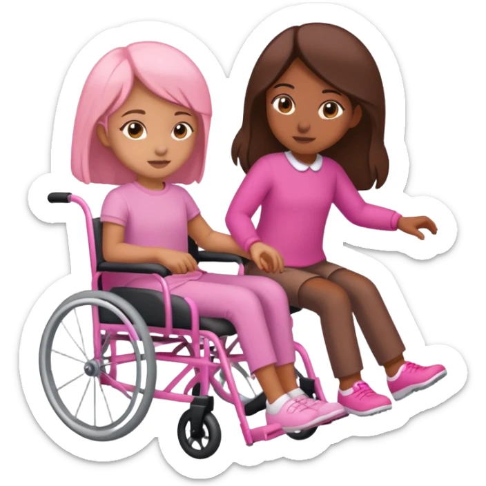 One tan skin sister pushing her brown skin sister in a pink wheelchair sticker