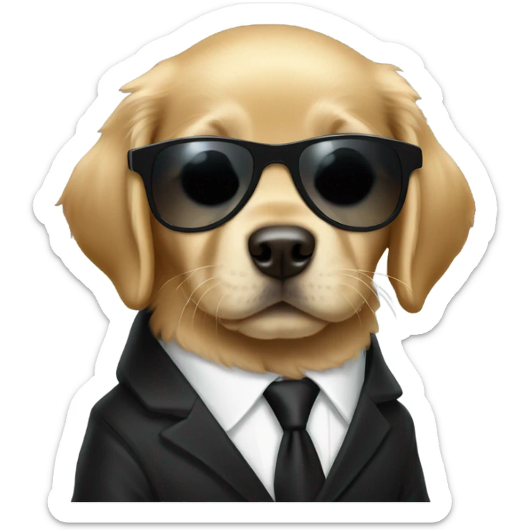 Golden retriever puppy in all black suit and sunglasses sticker