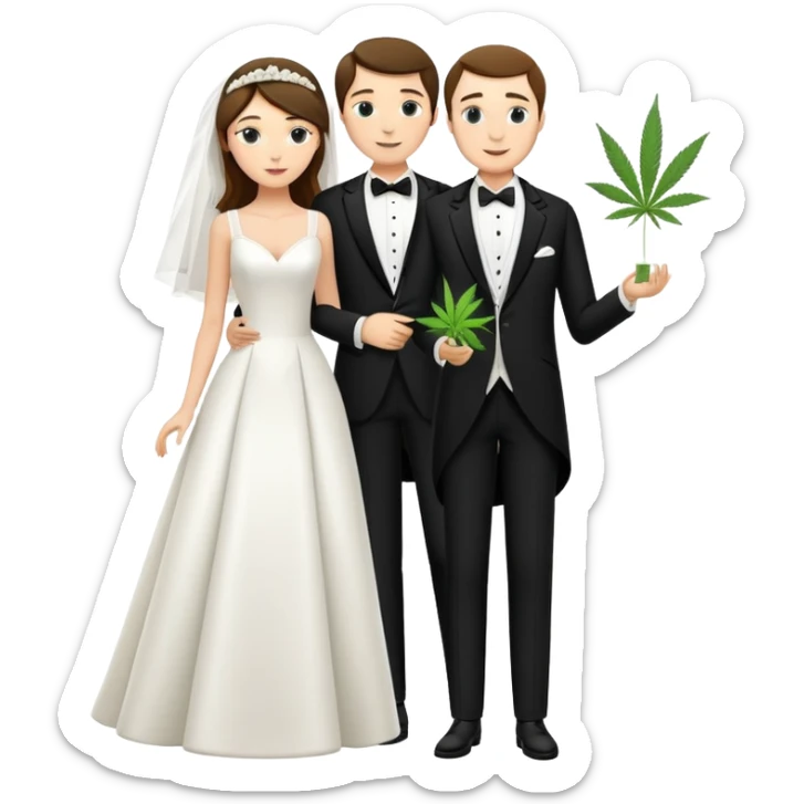 A bride in white wedding dress and groom in tuxedo, full body, sharing cannabis, wedding couple, different pose sticker