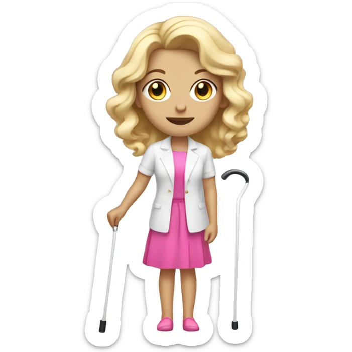 Blonde hair woman , wavy hair, white skin , pink outfit , holding a white cane for the blind sticker