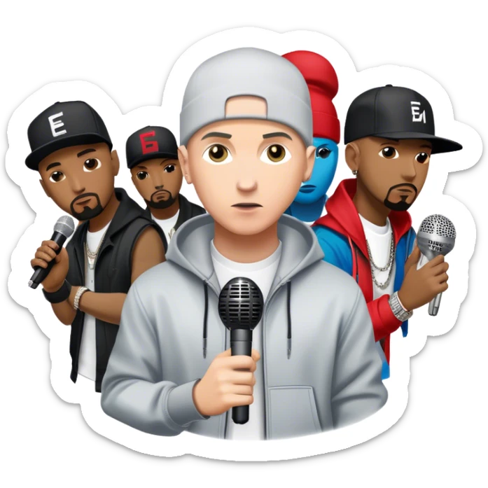 Icon for Hip-Hop Music: Eminem with his signature microphone, surrounded by other hip-hop icons. The design should reflect the raw energy of the genre with urban elements, graffiti, and vibrant colors. Transparent background. sticker