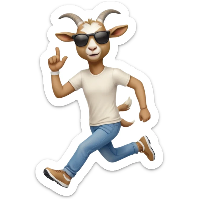 friendly anthropomorphised goat in jeans and a t-shirt, wearing dark sunglasses, jogging upright in relaxed pose sticker