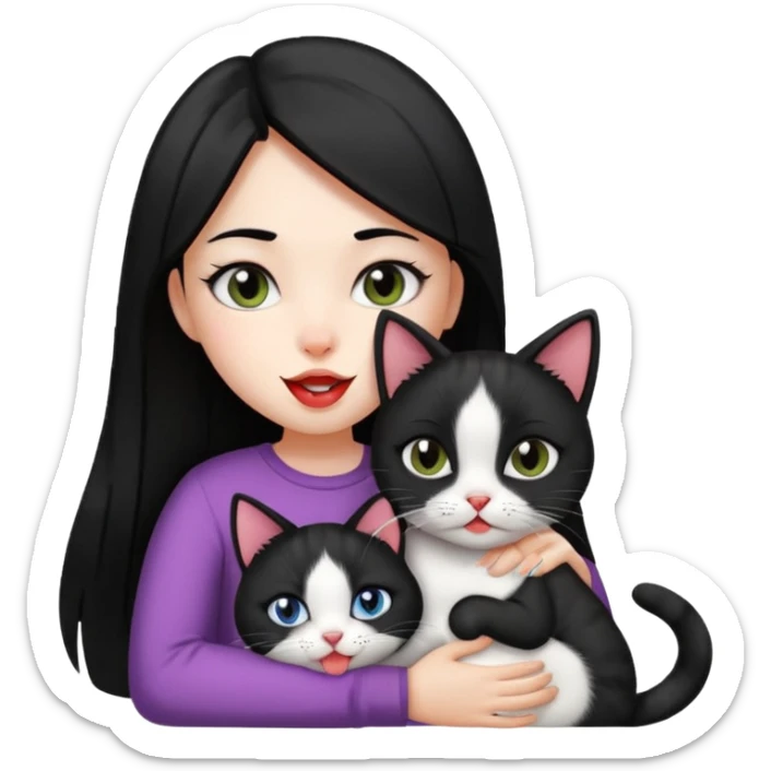 girl with straight black hair cuddling black and white cat with tongue out sticker