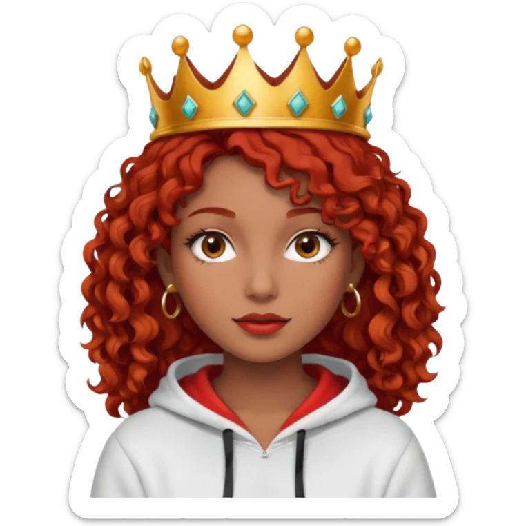Slim girl with a fine face, dark chocolate-colored and tanned skin, medium-length curly tomato-red hair, dark eyes, medium-thick eyelashes, and a crown and hoop earrings wearing a white hooded sweatshirt.
 sticker