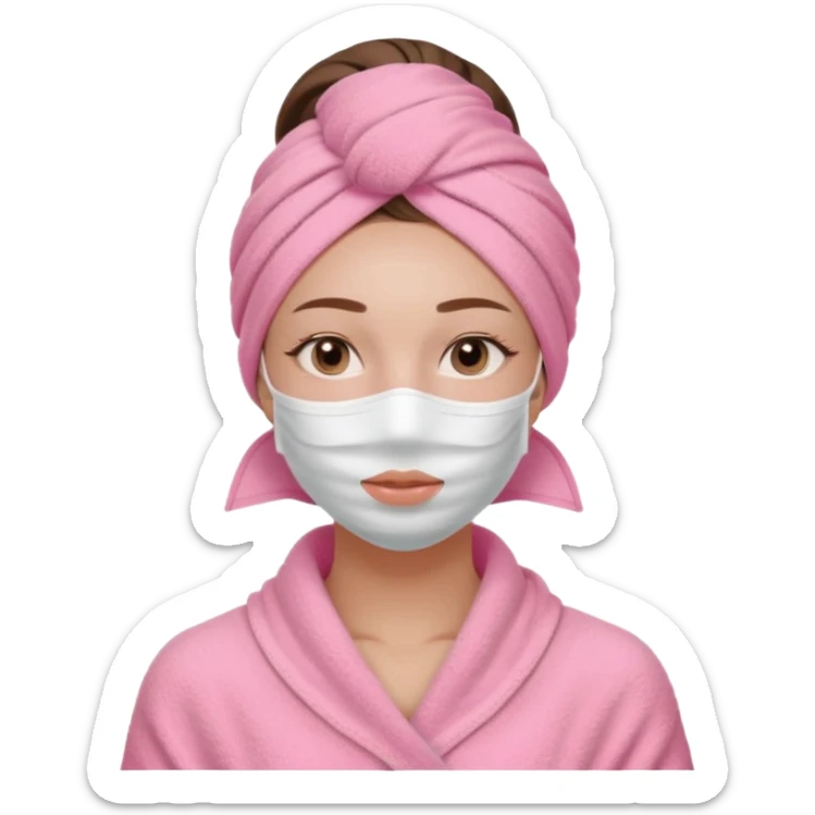 Clean girl influencer character, chest-up portrait, wearing a pink towel wrapped around the head,  skincare mask on her full face, relaxed confident expression, soft glow skin, minimal chic aesthetic, subtle beauty accessories, calm self-care vibe sticker