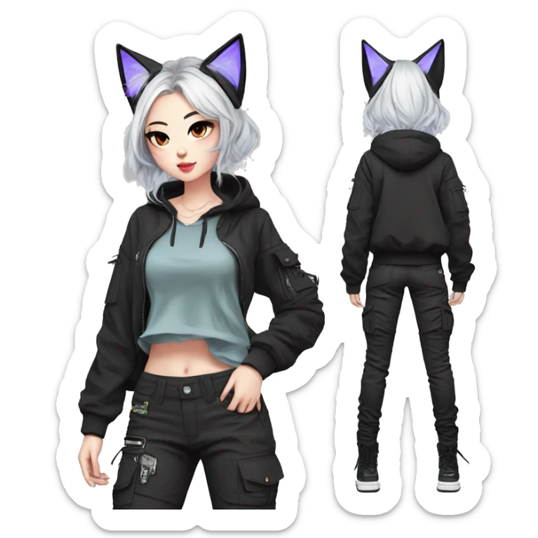 Edgy cool shy colorful Asian urban beautiful pretty anime punk tomboy-lady with cat ears techwear cargo pants hoodie collar  sticker