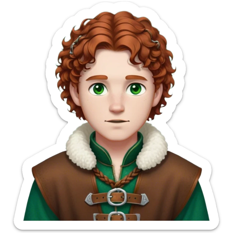 Medieval winter outfit worn by a DnD themed fantasy male character. Rich brown leather-trimmed wool tunic with sheepskin lining, featuring intricate metal buckles at the collar, paired with a heavy braided belt. Clothes only above the waist, full waist coverage. The character has no arms. Character is white-skinned with auburn hair, emerald green eyes, and short curly hair beneath a light dusting of snow. sticker