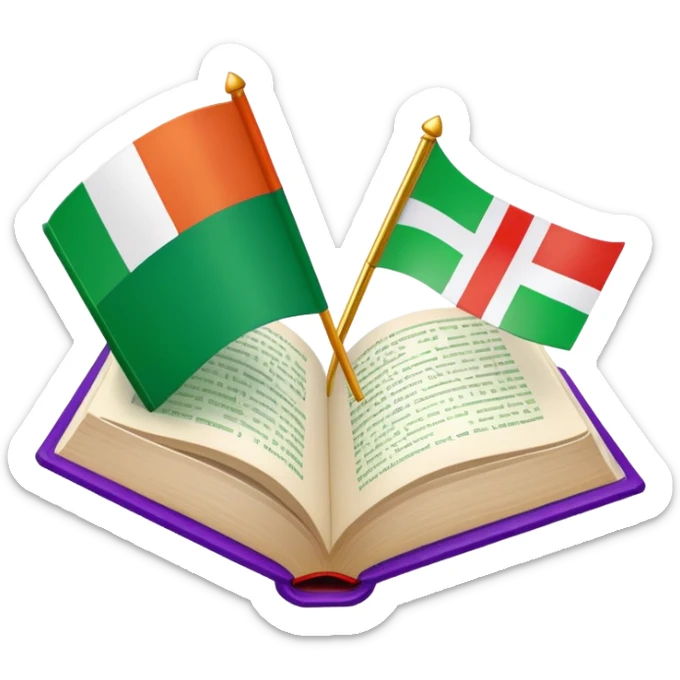 Italian to English dictionary book cover with correct Italian flag and extremely wrong British flag with completely incorrect colors like purple and orange or wrong symbols sticker