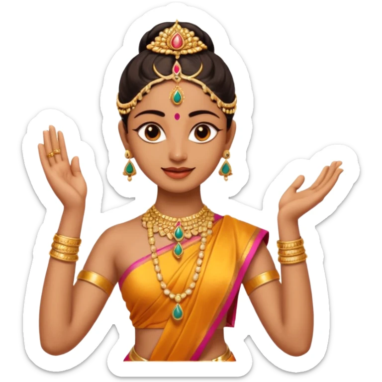 give me some bharatanatyam dancer emojis with some light brown skin and have 1 hand up and 1 hand down sticker