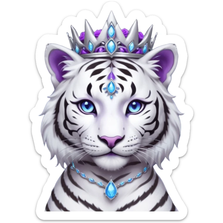 ESO Female white/black tiger khajiit leader of the umbral rose, glowing blue eyes, glowing blue 'third eye' gem; beautiful purple gemmed silver tiara sticker