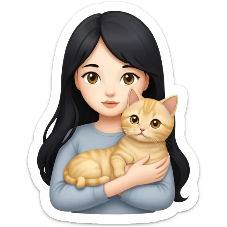 Beautiful girl with long black hair holding a cute golden British shorthair kitten in her arms sticker