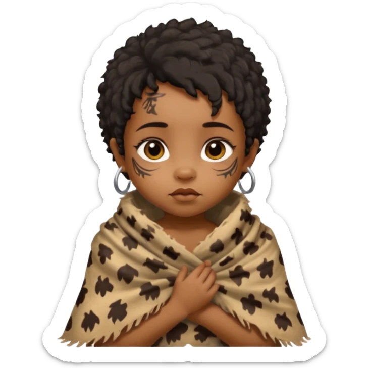 ancient hairy black baby tatooed girl, tattered animal skin shawl sticker