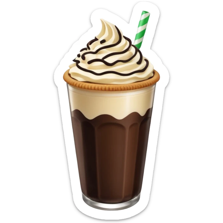 Vaso de vidrio con Frappé color café, crema en la parte superior con popote verde insertado en la crema, agregar encima de la crema chispas de chocolate y una galleta redonda color café oscuro tipo Oreo. sticker