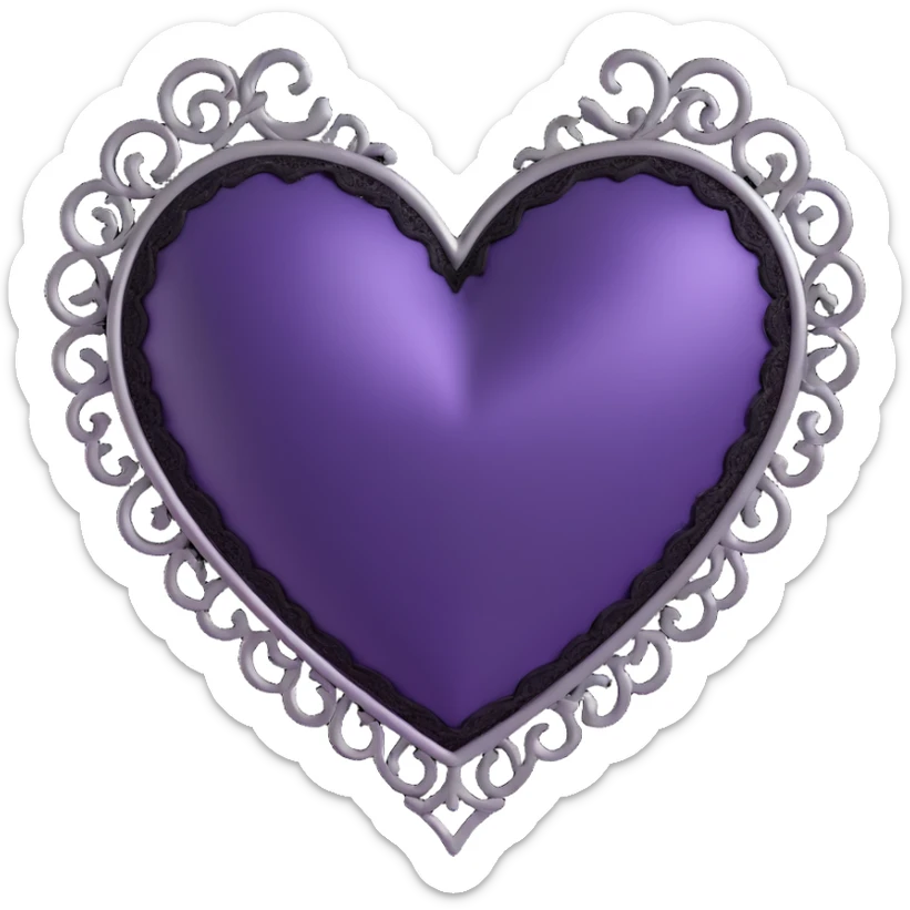 3D emoji gothic heart, deep purple satin, silver filigree, black lace trim, elegant and moody sticker