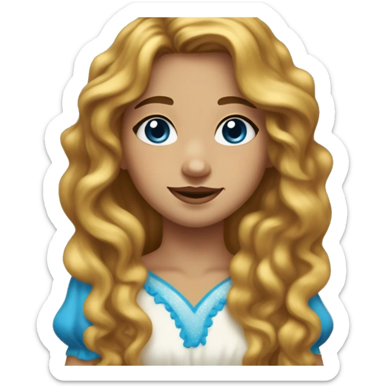 girl with long wavy brown hair, 1 white vitiligo strand of hair, blue eyes, fair skin, freckles, dimples and yellow dress sticker