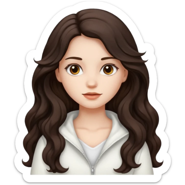 A girl in white with dark brown long wavy hair and very white skin sticker