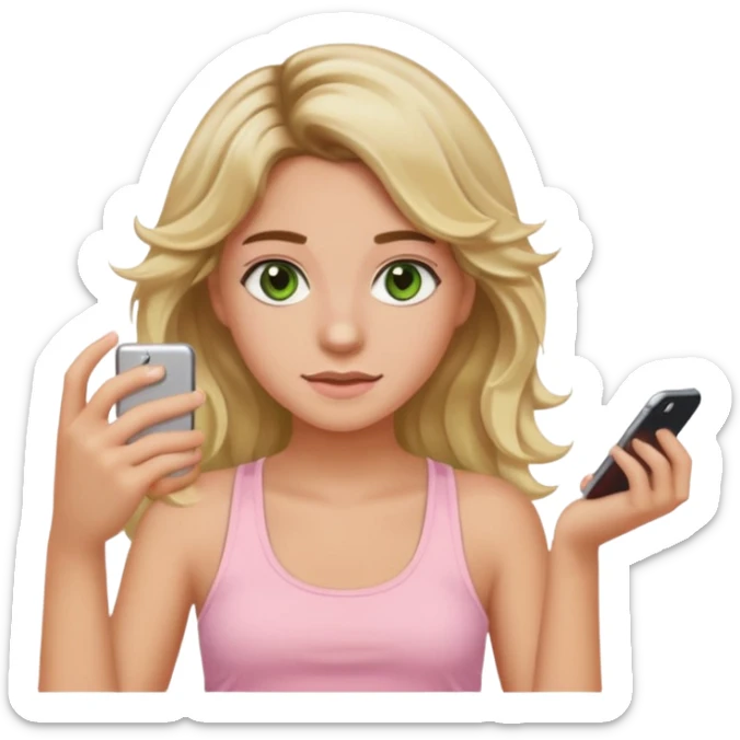20-year-old girl with long wavy hair brown roots blonde highlights green eyes brown eyebrows good summer tan iPhone emoji style can you make her wear a light pink tank top sticker