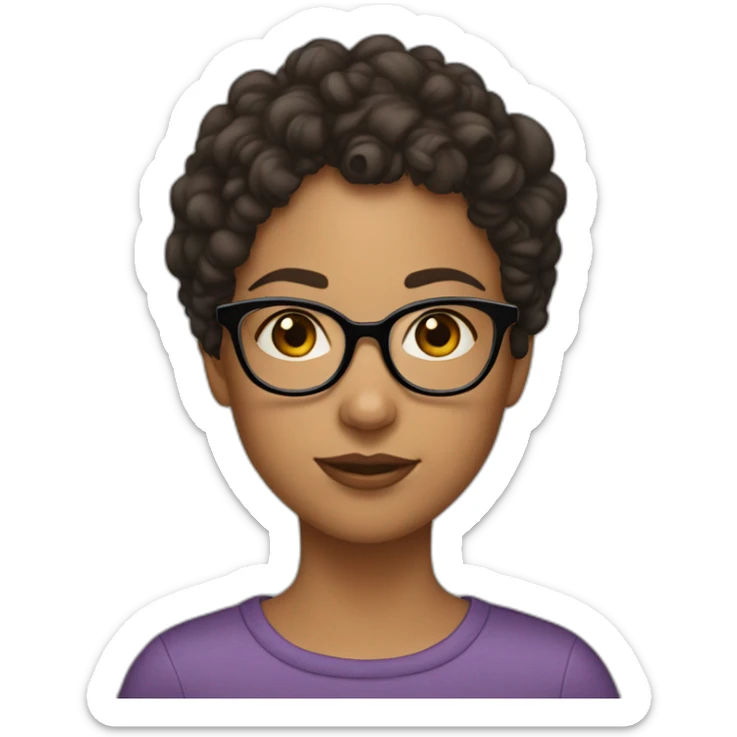 Her girl has short hair, curly, and she wears glasses, her eyelashes are thick, and her eyebrows are also thick sticker