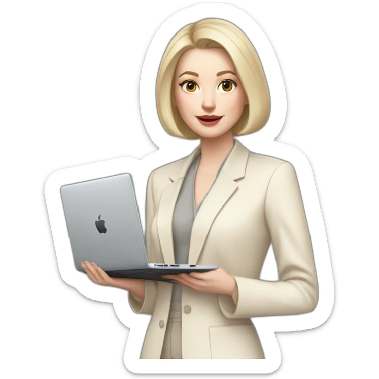 pale skin woman with ash blonde Straightened bob Hair, White Spacious classical jacket, beige palazzo Arrow pants and gray blouse holding a MacBook in the hands sticker