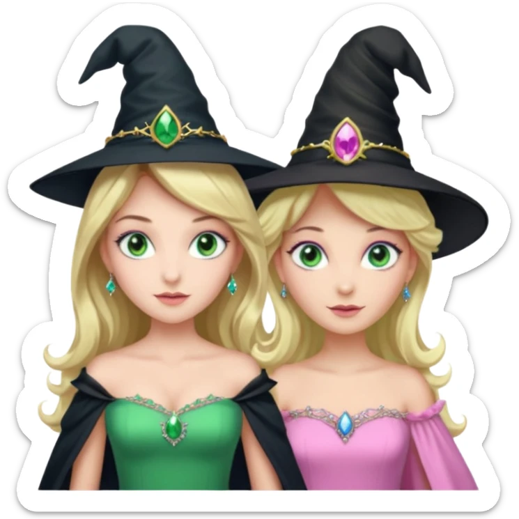 elfiba and glenda from wicked, elfiba in a green dress and green eys and a black witch hat, and glenda in a pink puffy dress blue eyes and a tiara and blond hair sticker