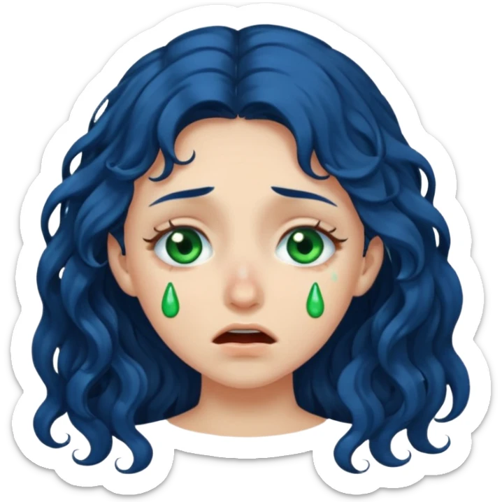 Girl with long  curly dark blue hair, green eyes, and very fair skin.crying sticker