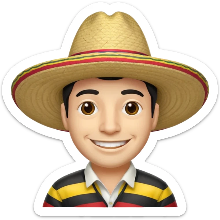 A happy fair skinned Colombian man wearing a Colombian sombrero that has black horizontal stripes sticker