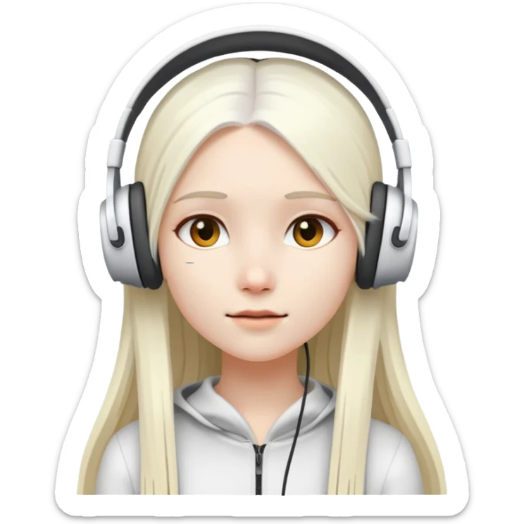 girl with long white  straight hair and White head mounted headphones sticker