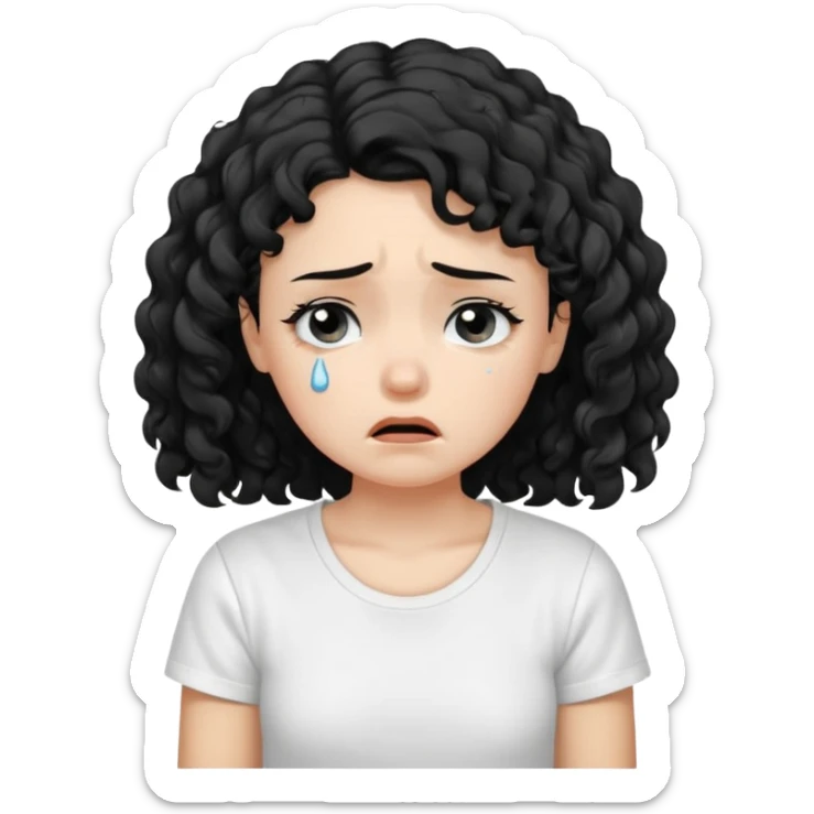 a pretty fair bratz girl with black curly hair, crying, wearing a white tshirt sticker