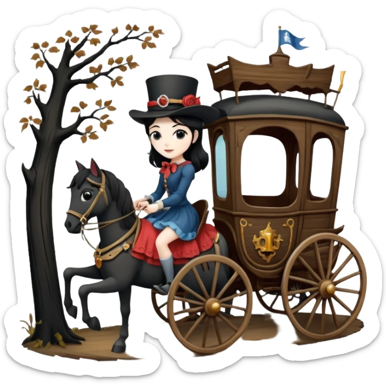  Rustic all black antique wood  1854 pretty dark-haired Catgirl driving a huge horse-drawn fancy French stagecoach Caravan on a bumpy scary ghost trail in the woods  sticker