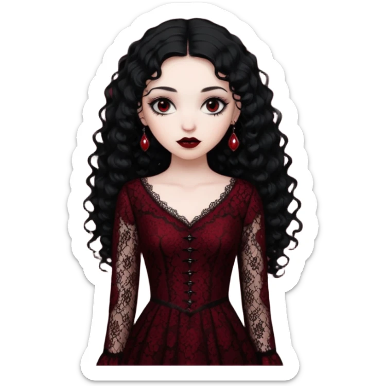 A girl with a dark red goth vampire look in a goth lace dress with long sleeves longer black curly hair sticker