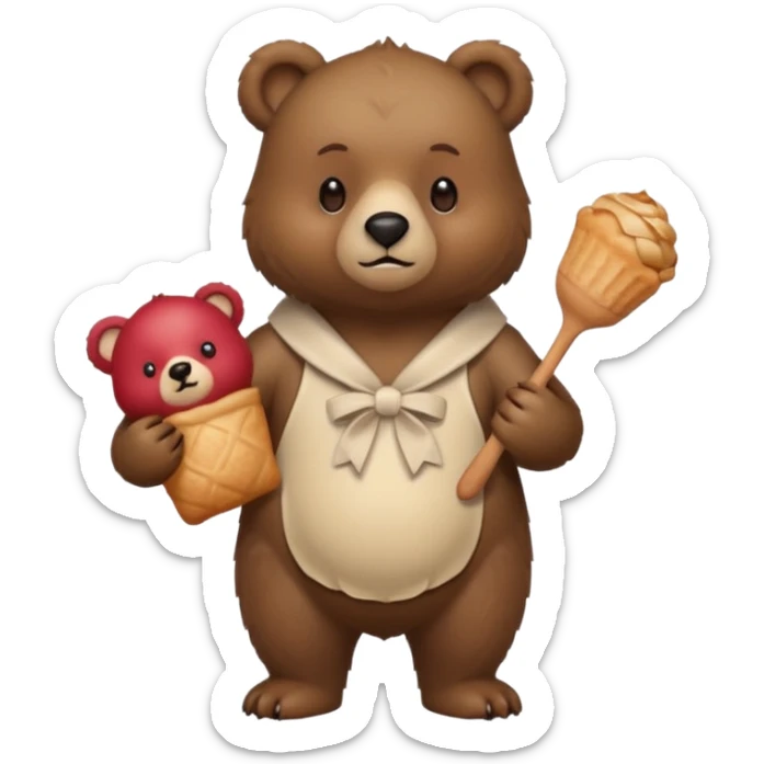 esta imagen pero que el oso este de pie y tenga una manga pastelera en la mano izquierda haz un oso sticker