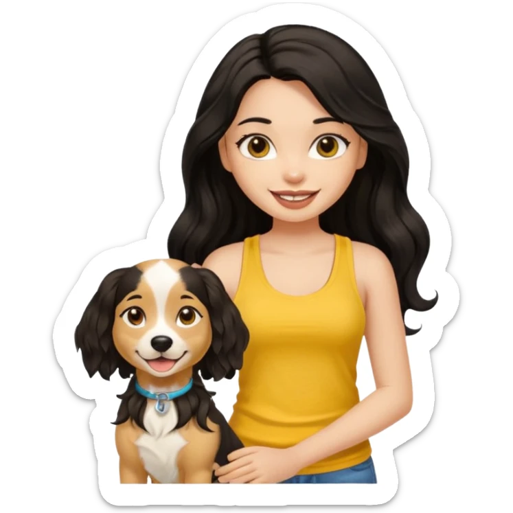 brown pretty bratz girl with long wavy black hair, wearing a yellow tank top with a dog sticker