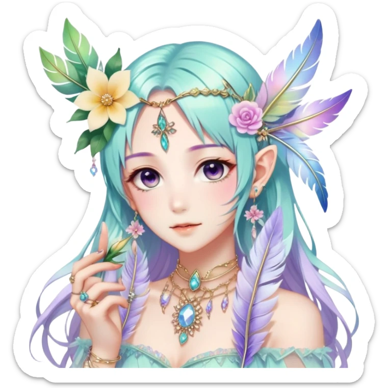Beautiful gorgeous anime lady with beautiful iridescent-special-hair, fashion aesthetic, ethereal, fairycore, pastelcore, feather-ear-cuffs, flower, crystals, accessories, jewelries, gold, colorful sticker