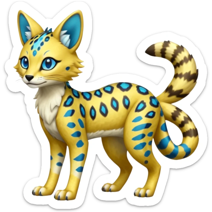 Colorful Golden Gold Shiny Lombax-Sergal-Vernid-Serval-Civet-Genet-Pokémon-Digimon-Fakémon-fusion-hybrid-creature with Cyan stripes and blue leopard-spot-markings  sticker
