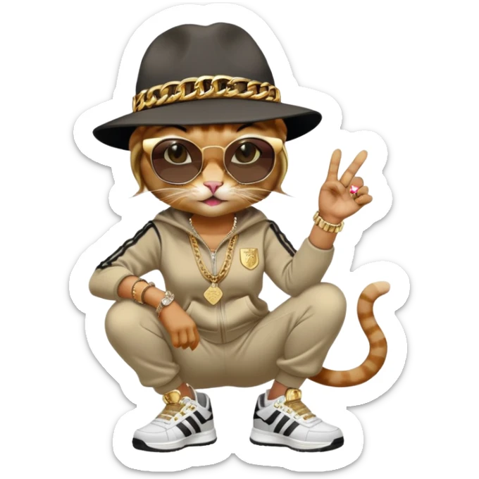 female cat walking upright, Run DMC hip-hop outfit, tracksuit, fedora, Adidas sneakers, dark sunglasses, many gold chains, bling accessories rings bracelets earrings sticker