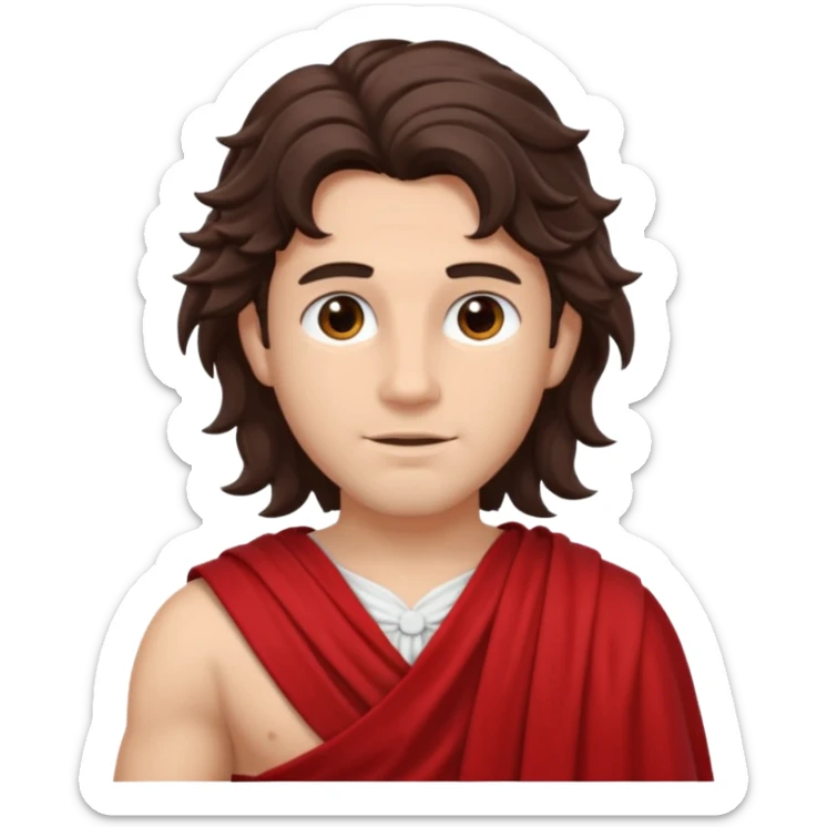 Adonis from The Olympians with long dark brown wavy hair, red toga sticker