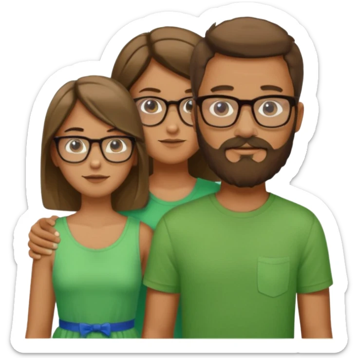 A family consisting of a man who's bearded, tanned, wearing glasses, a woman, slightly tanned, and a 14 year old teenage boy, slightly tanned, wearing a green t-shirt sticker