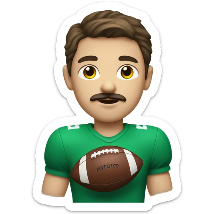 boy with brown hair and blue eyes with a moustache. wearing a green shirt. holding an american football  sticker