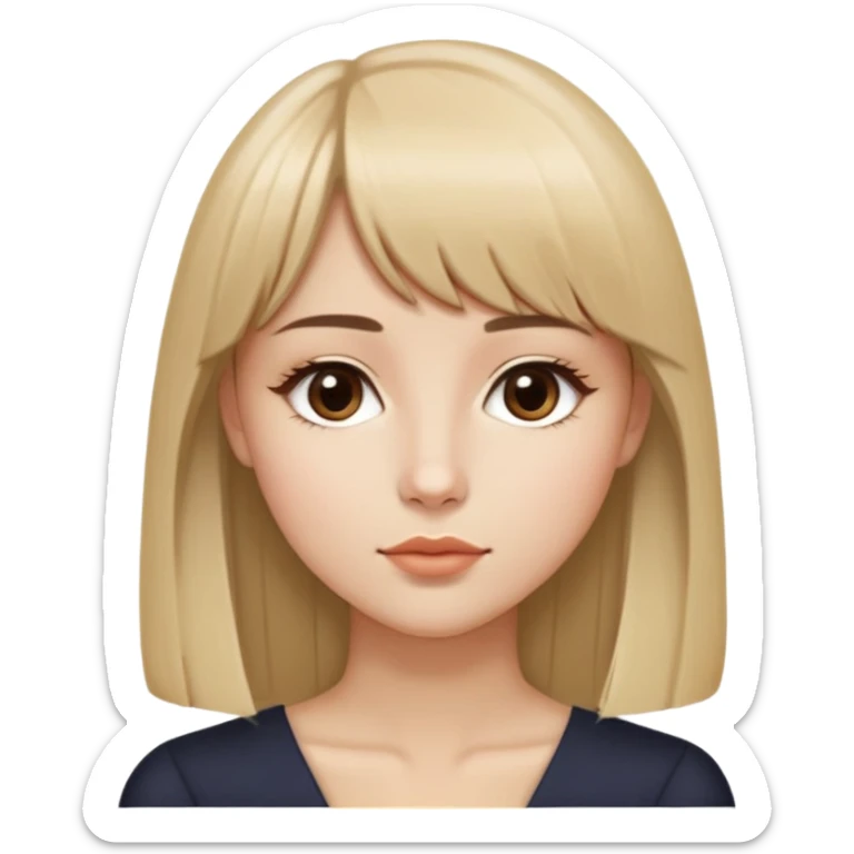 young woman, long straight blonde hair parted in the middle with bangs, almond-shaped brown eyes, brown eyebrows, oval face with a refined jawline, small nose, medium lips, seated sideways, sharp collarbone, profile view, sticker