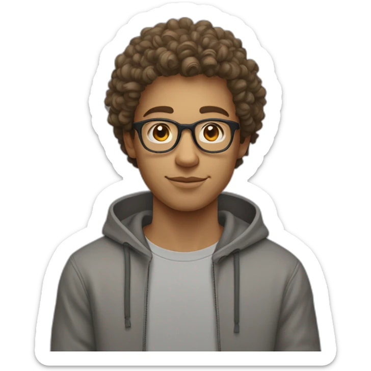 Young guy with curly hair on top a short hair on the side light brown hair and rounded glasses with a grey hoodie on sticker