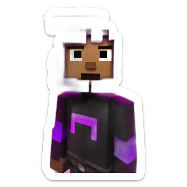 Minecraft steve wearing a black hoodie with "OMG" letters on it and VR headset in a cyberpunk VR environment with violet neon lighting. sticker
