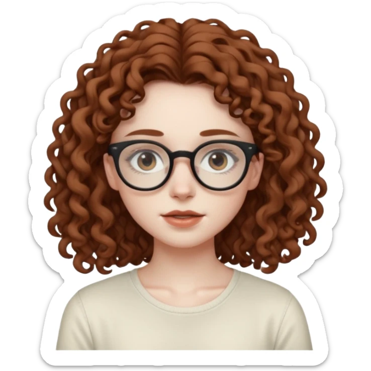 aesthetic white girl with COOL coloured brown, very long curly hair, she wears an offwhite top and her eyes are black , and wears thin small glasses sticker