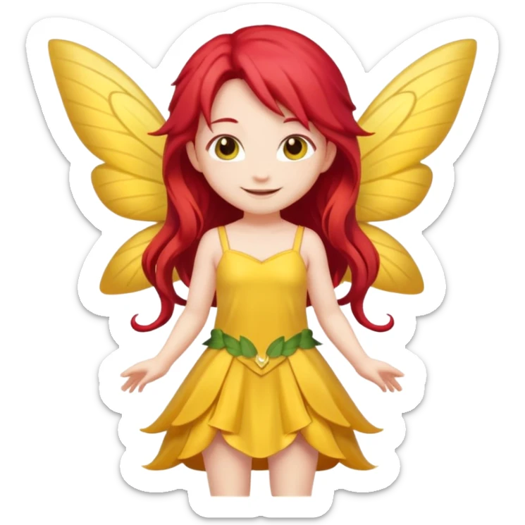 fairy with long red hair, yellow wings, yellow dress, happy, chibi full body sticker