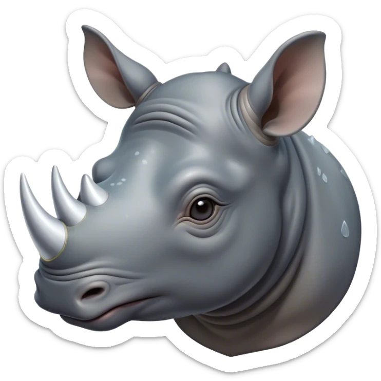 Cinematic Cute Rhinoceros Portrait Emoji, Head tilted playfully and inquisitively, featuring a rugged, glossy slate-gray hide with a gentle, rounded white horn and round, sparkling eyes filled with curious wonder, Simplified yet irresistibly adorable features, highly detailed, glowing with a warm, friendly glow, high shine, affectionate and mighty, stylized with a touch of ancient charm, bright and endearing, soft glowing outline, capturing the essence of a mischievous yet loving rhinoceros, so playful it feels like it could stomp out of the screen and into your arms! sticker