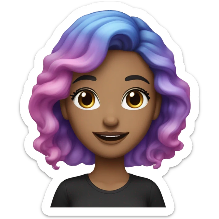 An adult white-skinned woman, with makeup, smiling, face with pink and purple glittery, blue eyes, long wavy ombre hair, ring earrings, black T-shirt. sticker