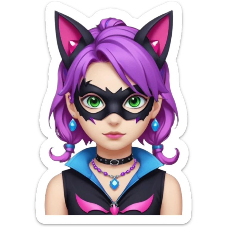 Girl with green eyes, wearing a bat mask with pink stones around her eyes, her hair tied in a ponytail, the hair is purple with blue and pink streaks, with black cat ears with pink stones around, wearing a black shirt that covers the neck, and a sleeveless blue jacket, and a necklace of pink stones sticker