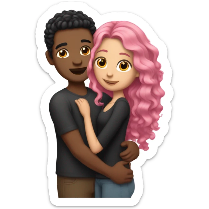 make a guy and a girl, they are hugging, the girl has pink long wavy hair. The guy has black hair and light skin sticker