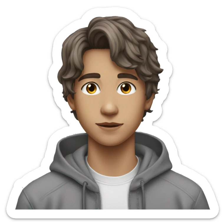 teen boy, chestnut long hair to the back, circle silver earring, grey sweat sticker