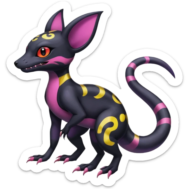 Rare epic aesthetic colorful Salandit-Noibat-Umbreon-Genet-species-Fakemon-hybrid-creature, with markings, full body sticker